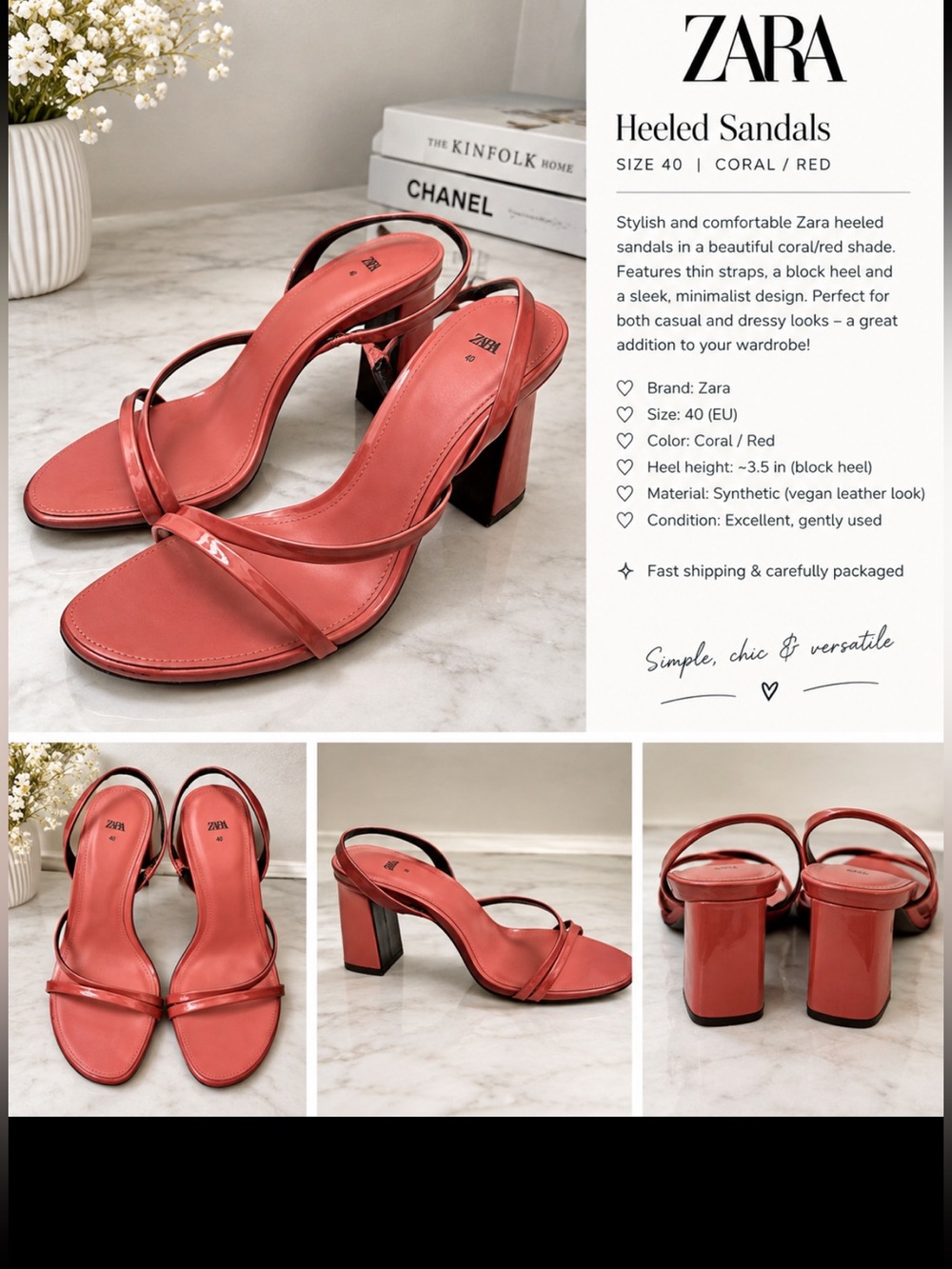 ✨ ZARA Coral Red Heeled Sandals – Size 9✨
